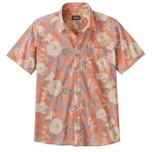 Patagonia Go To Organic Cotton Men Camp Button Up Floral Shirt Tigerlily Orange